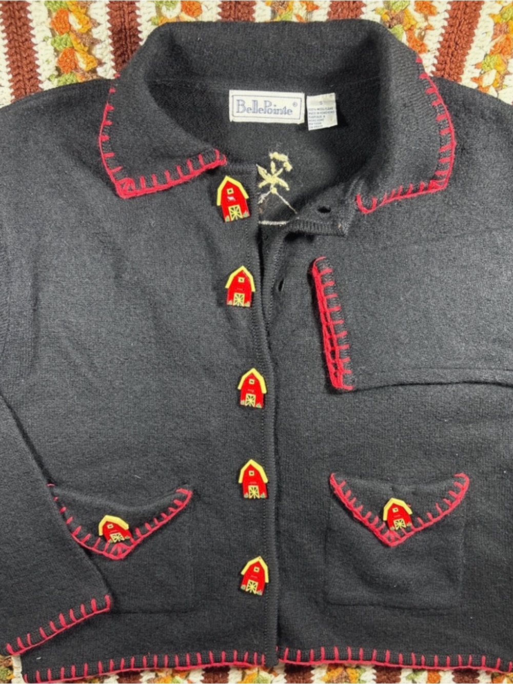 Vintage Black Wool-Blend Cardigan with Red Trim and Barn Buttons